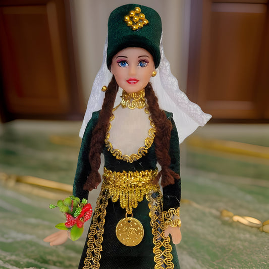 Armenian Barbie Doll: Authentic Hunter Green Taraz Design with Intricate Golden Coin and Veil - Traditional Cultural Figurine for Collectors