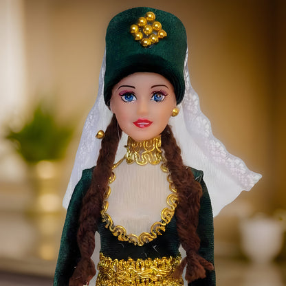 Armenian Barbie Doll: Authentic Hunter Green Taraz Design with Intricate Golden Coin and Veil - Traditional Cultural Figurine for Collectors