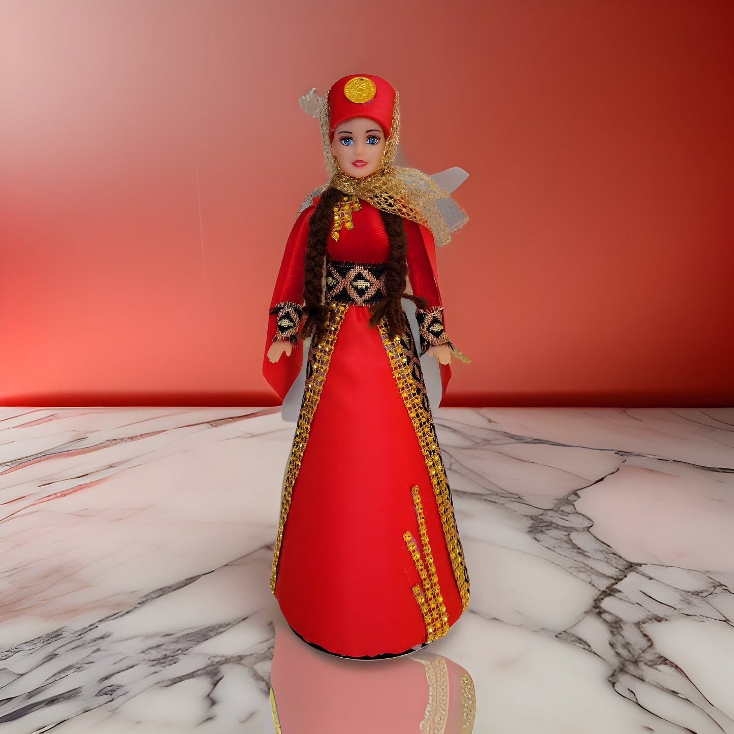 Red and Golden Traditional Taraz Dress - Taraz Doll with Veil & Lace - Matriarch Cultural Figurine - Armenian Barbie - Armenian Gift