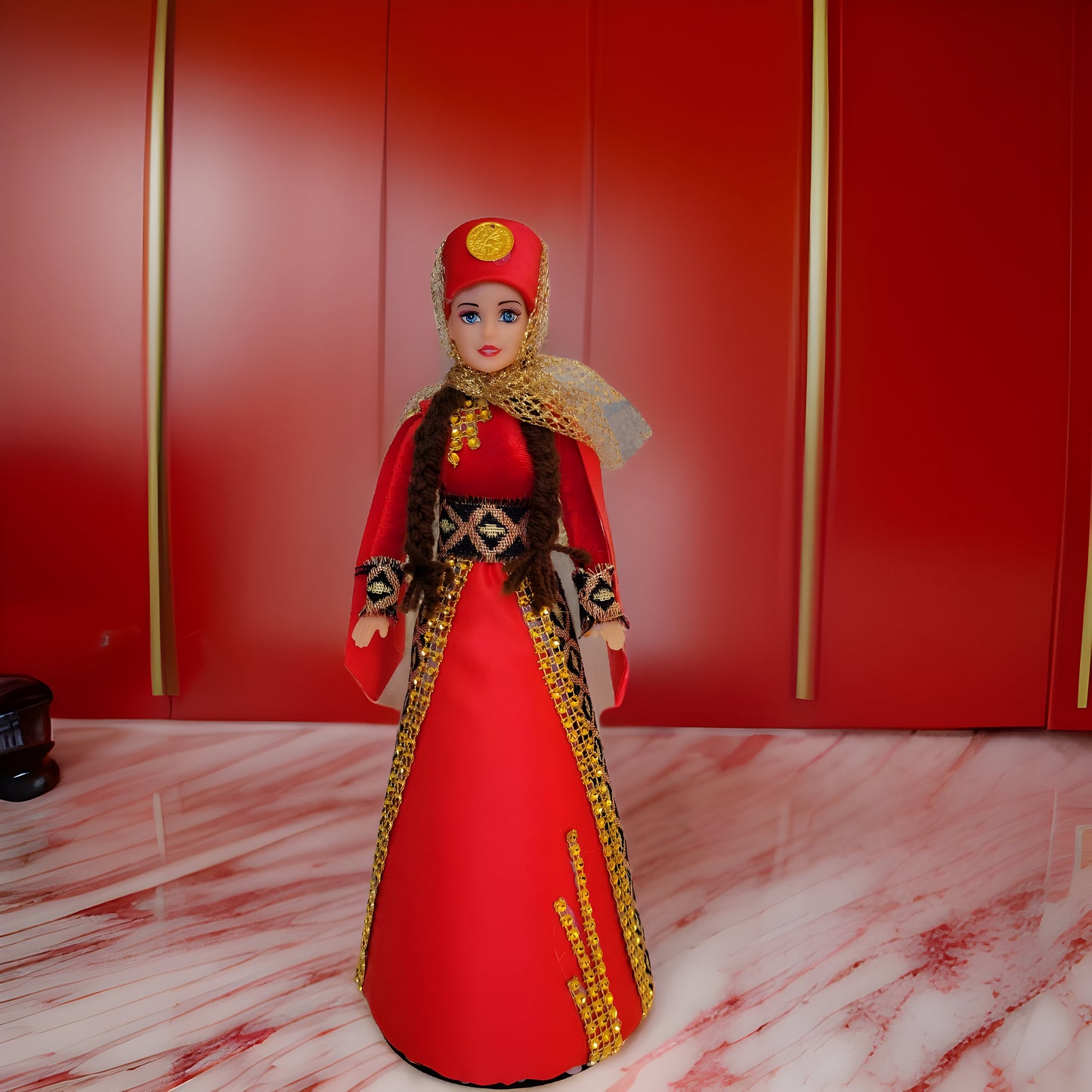 Red and Golden Traditional Taraz Dress - Taraz Doll with Veil & Lace - Matriarch Cultural Figurine - Armenian Barbie - Armenian Gift