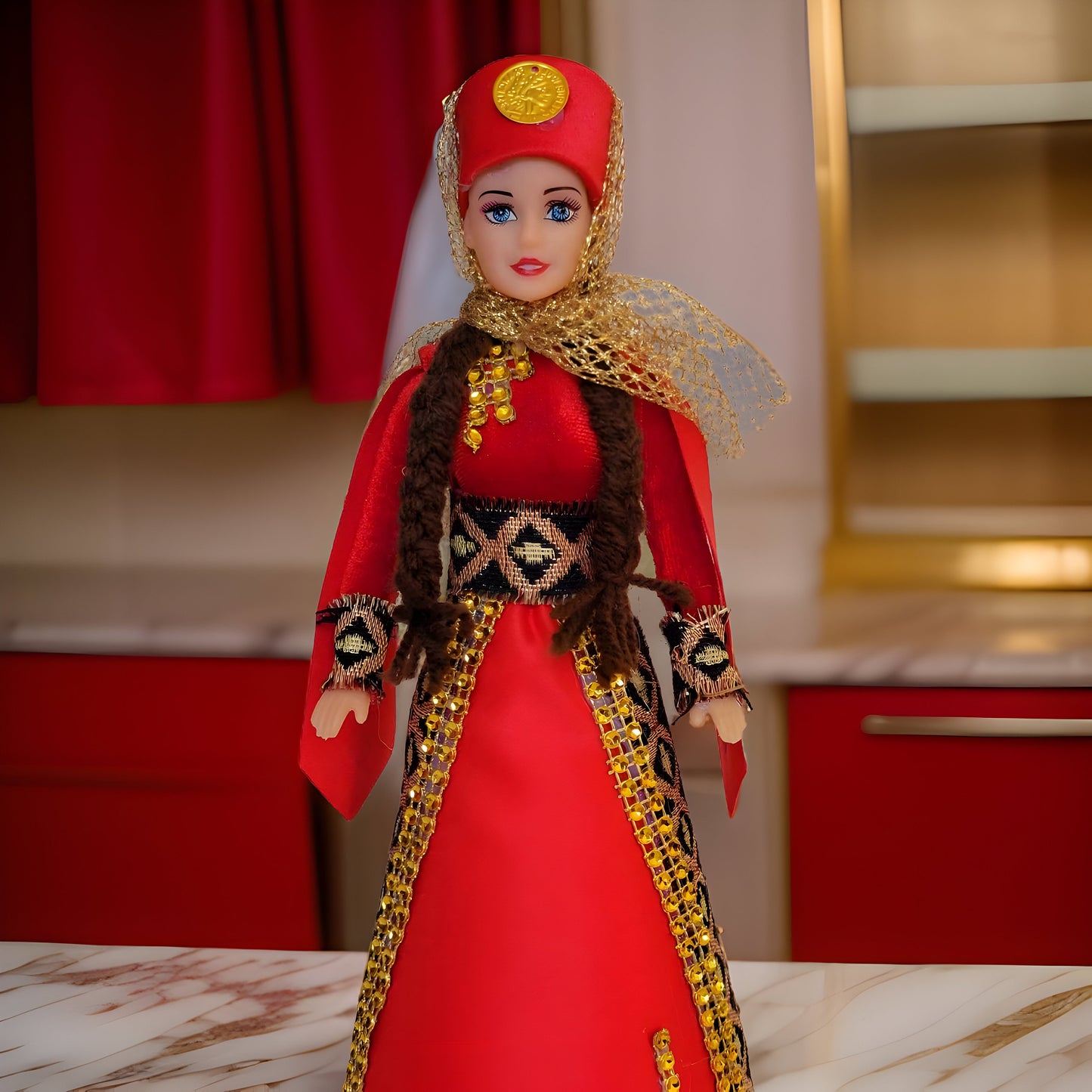 Red and Golden Traditional Taraz Dress - Taraz Doll with Veil & Lace - Matriarch Cultural Figurine - Armenian Barbie - Armenian Gift