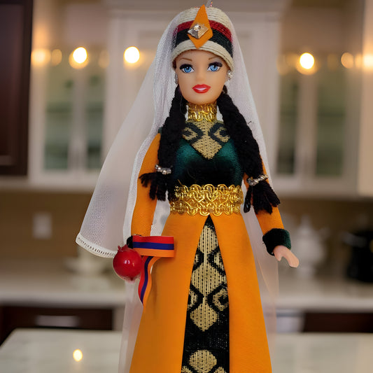 Orange Traditional Taraz Dress - Taraz Doll with Veil and Lace - Matriarch Traditional Cultural Figurine - Armenian Barbie