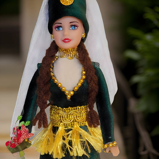 Armenian Barbie Doll: Authentic Hunter Green Taraz Design with Intricate Golden Tassels, Veil - Traditional Cultural Figurine for Collectors