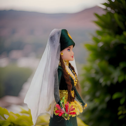 Armenian Barbie Doll: Authentic Hunter Green Taraz Design with Intricate Golden Tassels, Veil - Traditional Cultural Figurine for Collectors