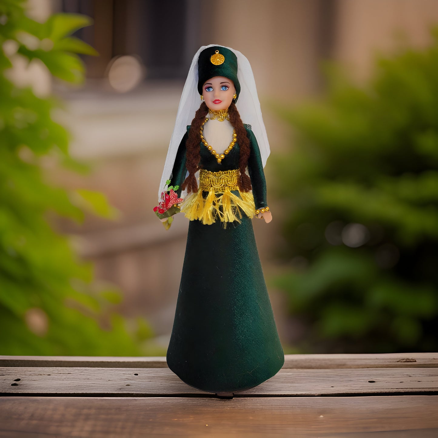 Armenian Barbie Doll: Authentic Hunter Green Taraz Design with Intricate Golden Tassels, Veil - Traditional Cultural Figurine for Collectors