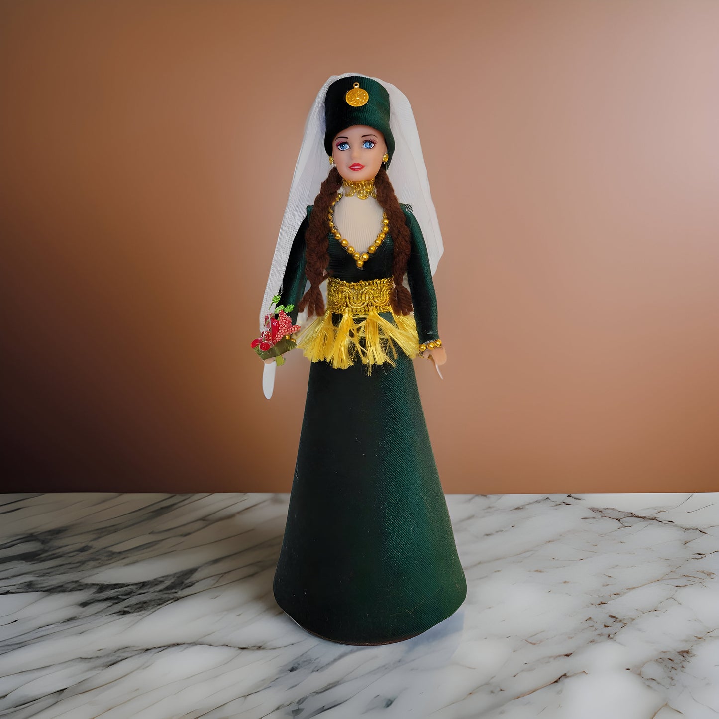 Armenian Barbie Doll: Authentic Hunter Green Taraz Design with Intricate Golden Tassels, Veil - Traditional Cultural Figurine for Collectors