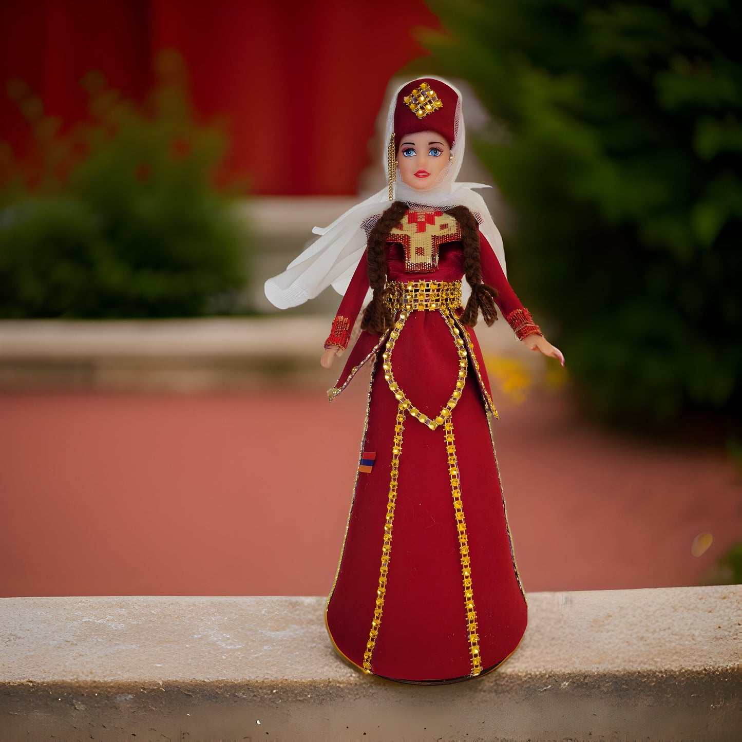 Pomegranate Red Traditional Taraz Dress - Taraz Doll with Veil and Lace - Matriarch Traditional Cultural Figurine - Armenian Barbie