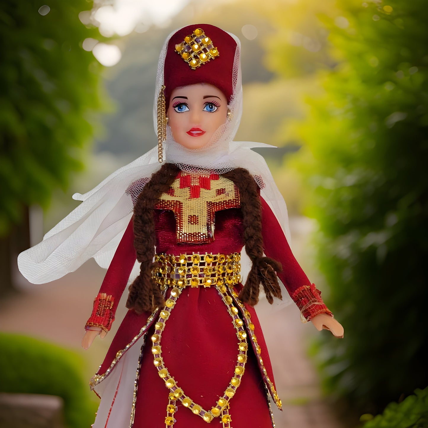 Pomegranate Red Traditional Taraz Dress - Taraz Doll with Veil and Lace - Matriarch Traditional Cultural Figurine - Armenian Barbie