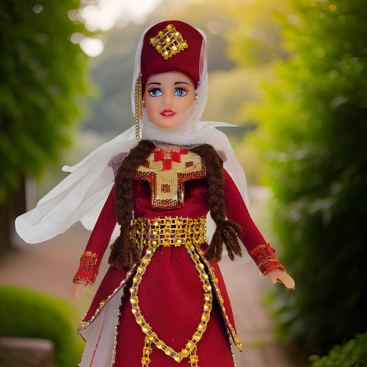 Pomegranate Red Traditional Taraz Dress - Taraz Doll with Veil and Lace - Matriarch Traditional Cultural Figurine - Armenian Barbie