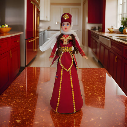 Pomegranate Red Traditional Taraz Dress - Taraz Doll with Veil and Lace - Matriarch Traditional Cultural Figurine - Armenian Barbie