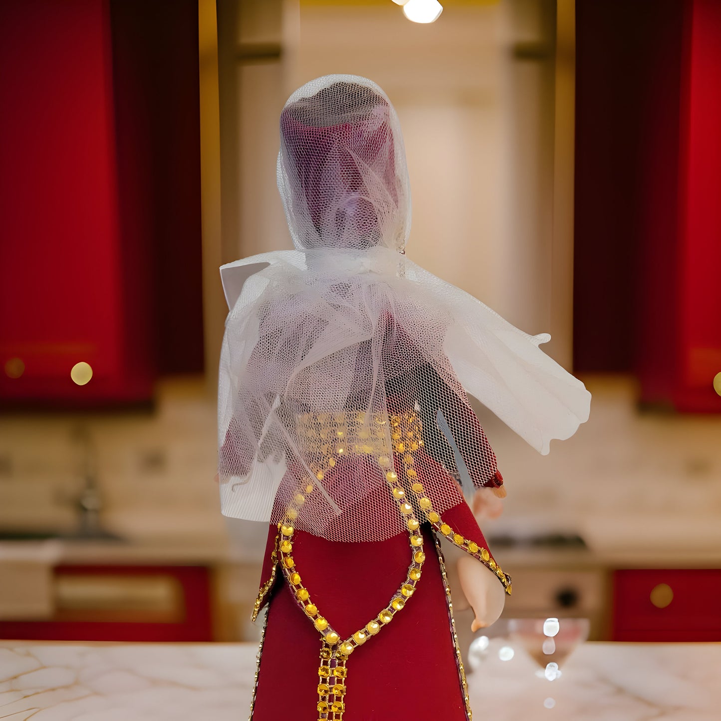 Pomegranate Red Traditional Taraz Dress - Taraz Doll with Veil and Lace - Matriarch Traditional Cultural Figurine - Armenian Barbie