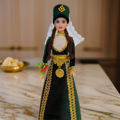 Armenian Barbie Doll: Authentic Hunter Green Taraz Design with Intricate Golden Coin and Veil - Traditional Cultural Figurine for Collectors