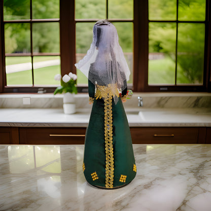 Armenian Barbie Doll: Authentic Hunter Green Taraz Design with Intricate Golden Coin and Veil - Traditional Cultural Figurine for Collectors