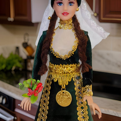 Armenian Barbie Doll: Authentic Hunter Green Taraz Design with Intricate Golden Coin and Veil - Traditional Cultural Figurine for Collectors