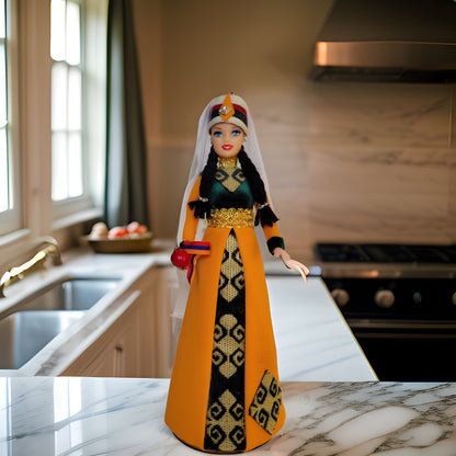 Orange Traditional Taraz Dress - Taraz Doll with Veil and Lace - Matriarch Traditional Cultural Figurine - Armenian Barbie